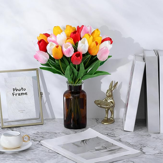 SITUMEIZI Fake Flowers Tulips Artificial Silk Flower 15pcs Real Touch 14" for Spring Easter Home Kitchen Wedding Bouquet Bulk Mother's Gift Day Decorations(Assorted Colors,5)