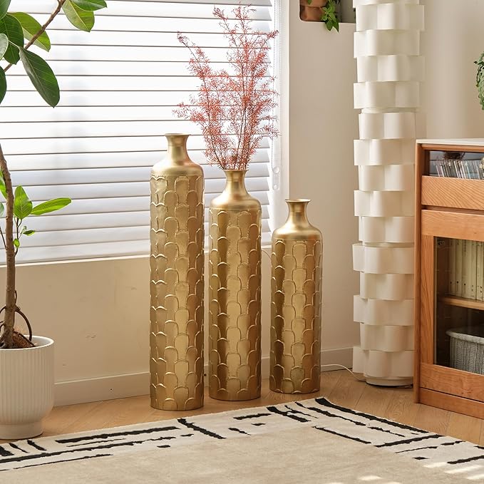 Floor Oversized Gold Metal Decorative Vase with 3D Triangle Pattern Set of 3 Large Vases for Home Living Room 33.5 ", 29.5 ", 25.2" High (Gold)