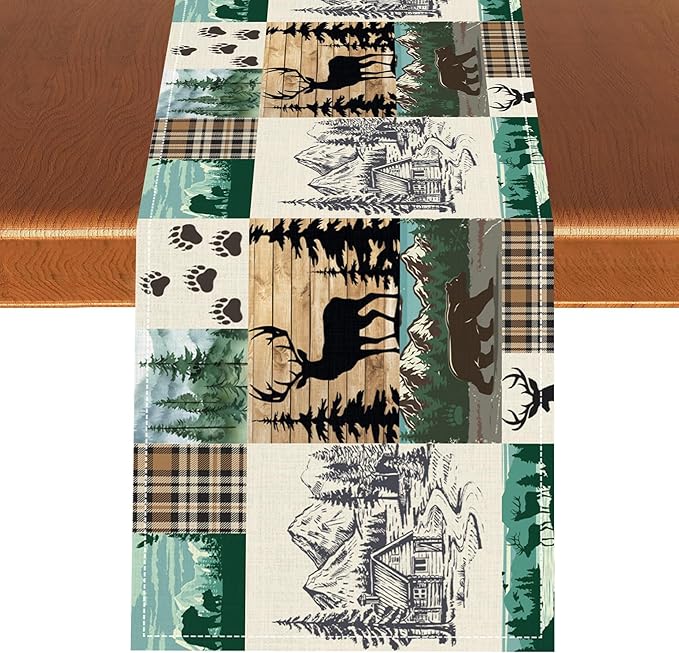 Rustic Cabin Table Runner, Farmhouse Deer Bear Retro Pine Forest Wooden Plank Wild Animal Seasonal Coffee Table Center Decor for Home Kitchen Dining Patio Holiday Party Table Decorations 13x72 inches