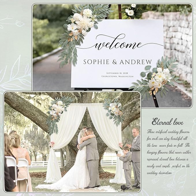 Faux Flower Swag Set of 2, White Artificial Flowers Swags for Wedding Arch, Wedding Welcome Signs, Welcome Reception Ceremony Signs Decorations