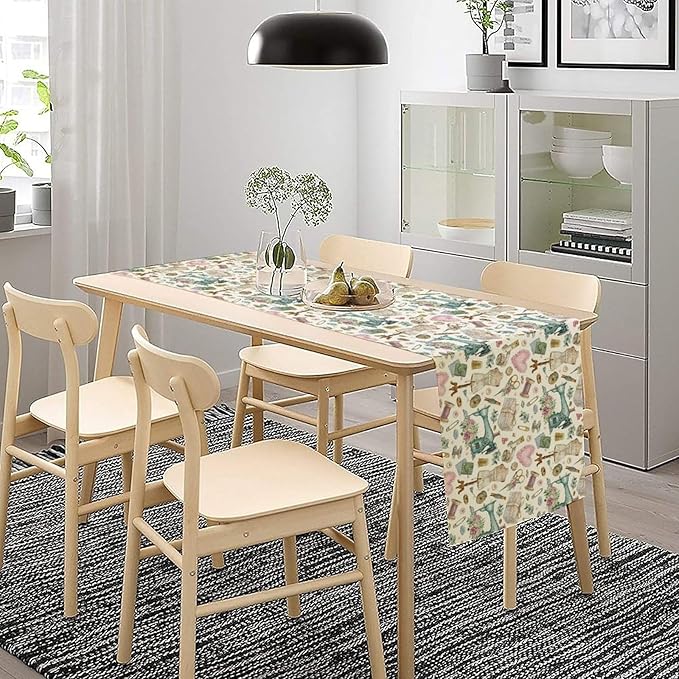 Sewing Theme Table Runner,Vintage Sewing Machine Tool Watercolor Pattern Print Tablecloth Burlap for Hotel Indoors Outdoor Dining Room Kitchen Home Decor,W13X L80 in