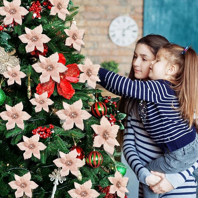 WILLBOND 24 Pcs 3 Size Poinsettia Flower Artificial Christmas Decor Glitter Poinsettia Christmas Ornaments Faux Flowers for Xmas Tree Outdoor(4/6/7.9 Inches,Rose Gold)