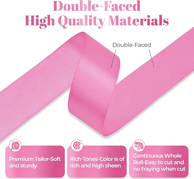 Hot Pink Satin Ribbon, Double Faced 1 Inch X 50 Yards Hot Pink Ribbon, Premium Satin Ribbon for Gift Wrapping, Crafts, Hair Bow Making, Sewing, Flower Bouquet, Wedding Party Decor