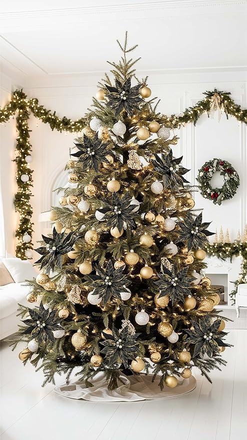 DILATATA 3 Pcs Artificial Christmas Flowers 13 Inch Glitter Poinsettia Picks Christmas Tree Ornaments Topper Decorations Black Poinsettias Flowers for Xmas New Year Wreath Garland Wedding Home Decor