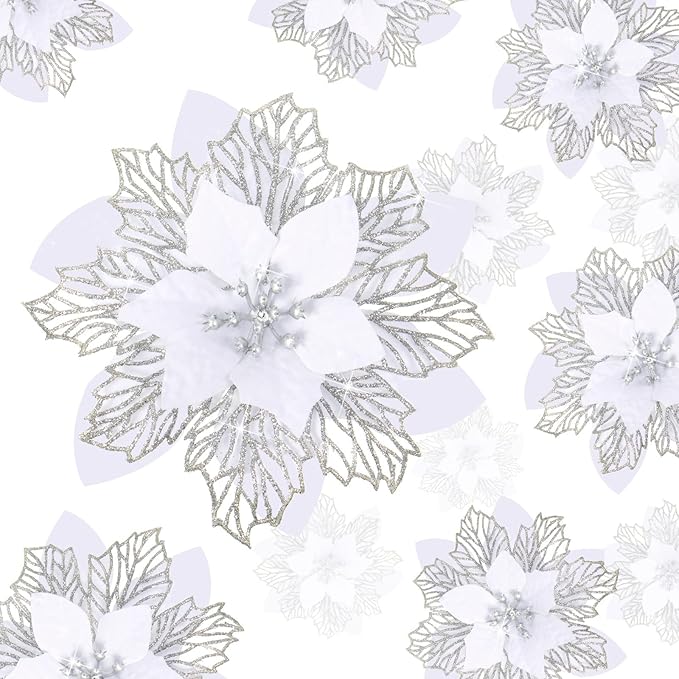 Geosar 24 Pieces Christmas Glitter Poinsettia Flowers Layered Artificial Xmas Flowers Wedding Christmas Tree New Year Ornaments 3/4/6 Inch(White)