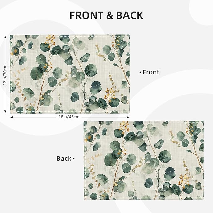 Leaves Placemats Set of 6 Eucalyptus Seasonal Watercolor Plants Table Mats Washable Place Mats for Home Party Indoor Kitchen Dining Table Decoration 12x18 Inch