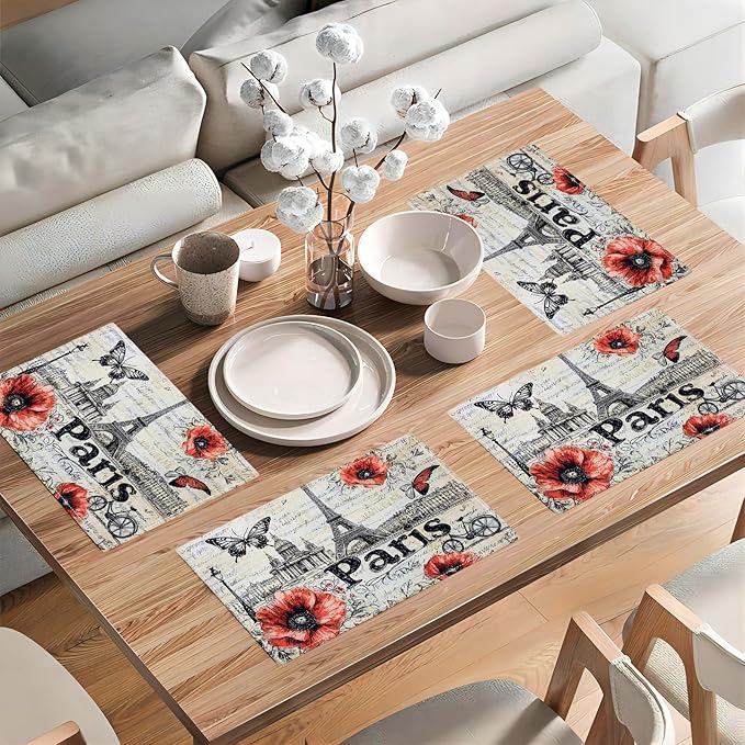 Paris Placemats Set of 6, French Eiffel Tower Place Mats, Poppies Dining Table Mats, Retro Washable Placemats for Kitchen Dining Room Home Decor 18L'' × 12W''