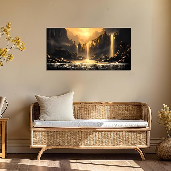 Mountain Pictures Wall Art for Living Room Waterfall Canvas Wall Decor Office Black and Gold Wall Art Bedroom Size 20" x 40"