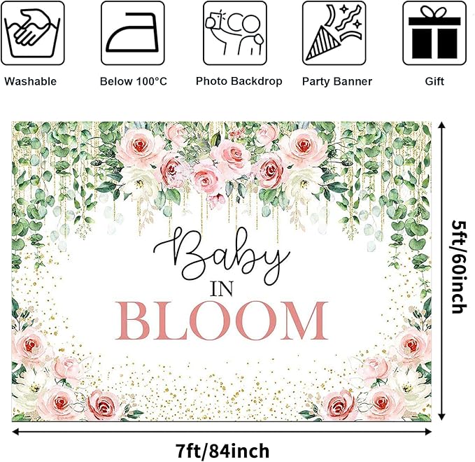 Avezano Baby in Bloom Backdrop Sage Green Leaves with Pink Flowers Baby Shower Party Decorations Baby Girl's Greenery Floral Nature Theme Photography Background Cake Table Banner (7x5ft(84x60in))