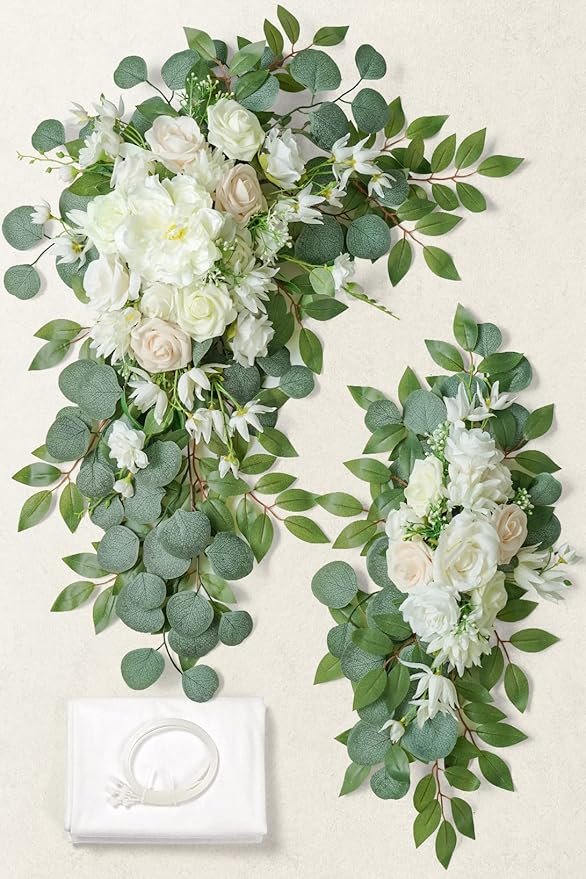 Ponatia Artificial Wedding Arch Flowers Kit (Pack of 3) With 26Ft Shiny Arch Draping Fabric, Arches for Ceremony, Decorations for Reception (White)