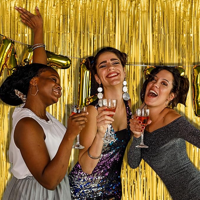 2 Pack Gold Fringe Curtain Backdrop Tinsel Streamers Birthday Party Decorations Christmas Photo Booth Backdrop New Year Halloween Graduation Baby Shower Theme Party Decorations