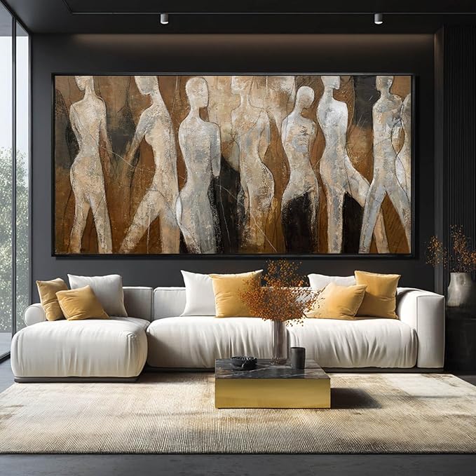 Black Line Wall Decor Brown Canvas Wall Art Figure Wall Decorations 29"x58" Large Pictures for Living Room Artwork for Office