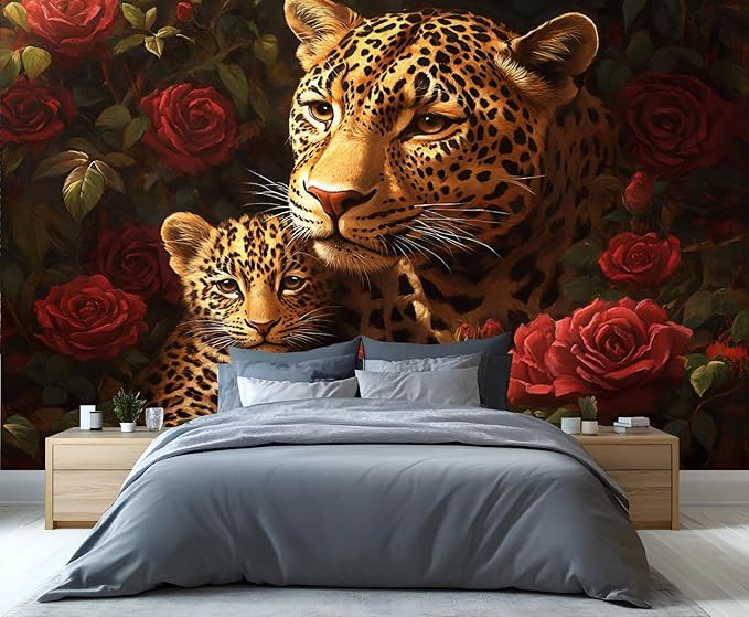 Jungle Rose Leopard Wall Mural, Big Cat Floral 3D Wall Murals, Wild Animal Leopard Wallpaper Mural, for Living Room Bedroom Large Wallpaper Indoor Decor 169.3" W x118.2 H