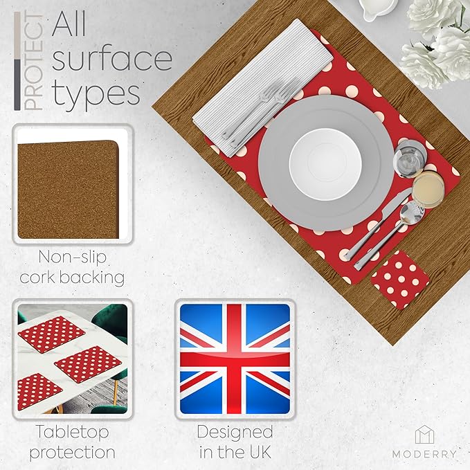 Set of 4 Heat Resistant Cork Placemats for Dining Table with Free Set of 4 Matching Drink Coasters Cream & Red Polkadot Design 16 x 12 Inches Cork Backed Hard Placemats (Red Polkadot)
