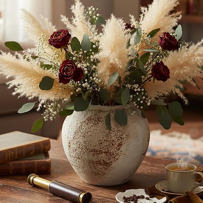 Vintage Ceramic Vase, Minimalist Texture Stone Patterned White Flower Vase, Decorative Vase for Living Room Shelf Farmhouse Dining Table Centerpiece Decor (Rustic 7.9'')