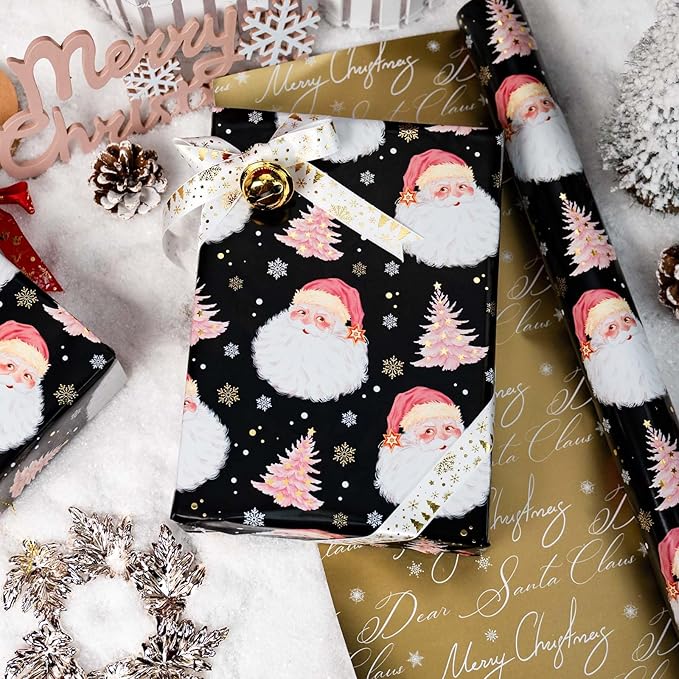 MAYPLUSS Christmas Wrapping Paper Roll - 17IN X 33FT - Black Gift Wrap Paper Featuring Santa Claus Snowflake Christmas Tree Reversible Gold for Kids, Holiday, New Year
