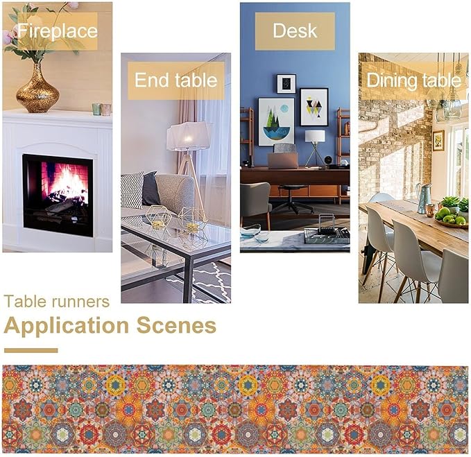 Boho Table Runner, Orange Geometric Mandala Flower Fall Farmhouse Decor Table Runner for Kitchen Dining Party Home Decoration, 13x108 Inch