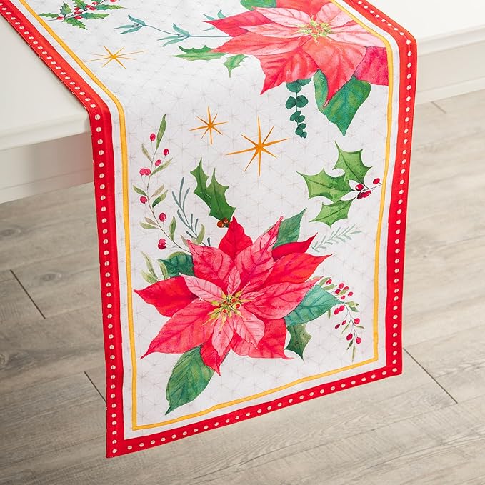 Maison d' Hermine Table Runner 100% Cotton Double Layer Table Runners 108 inches Long for Thanksgiving Christmas Decorations Home Kitchen Dining Party Wedding (Poinsettia Christmas, 14.5" x 108")