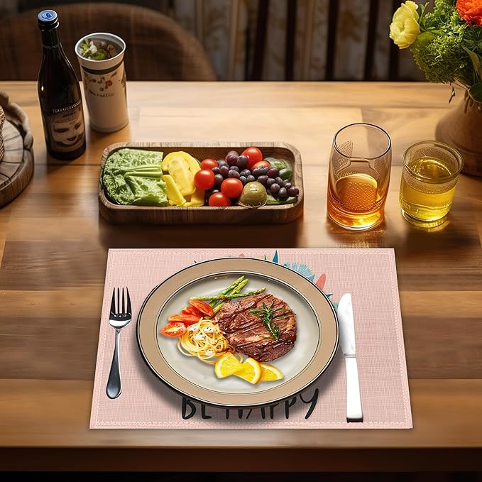 Blooming Wildflowers Placemats Set of 4, Be Happy Place Mats Non-Slip Heat Resistant Washable Placemat for Party Kitchen Dining Table Decoration Indoor Outdoor 12x18 Inch