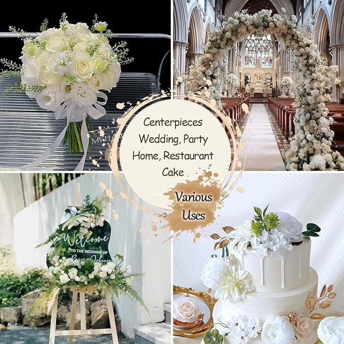 Ivory White Artificial Flowers Combo Box Set Silk Dahlia Roses Gold Leaves Stems DIY Bridal Wedding Bouquets Cake Boho Fake Floral Arrangements Baby Shower Party Table Centerpieces Home Decor Bulks