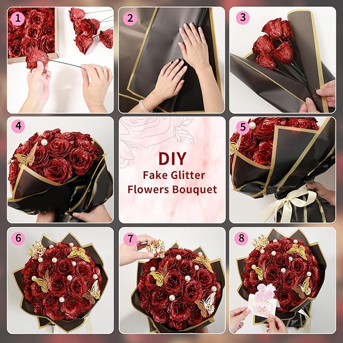Glitter Roses Bouquet, Shiny Artificial Flowers with Stems DIY Fake Glitter Flowers Bouquet for Valentine's Day, Mother's Day, Anniversary, Graduation, Birthday, 24 Roses (Black)