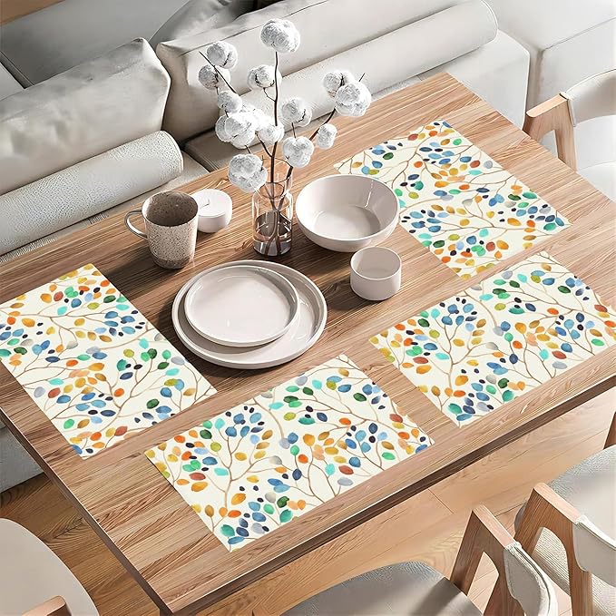 Watercolor Leaves Spots Placemats Set of 4, Placemats Dining Table Mat Set,12x18 Washable Stain Resistant Wipeable Cloth Placemat for Kitchen Buffet Parties