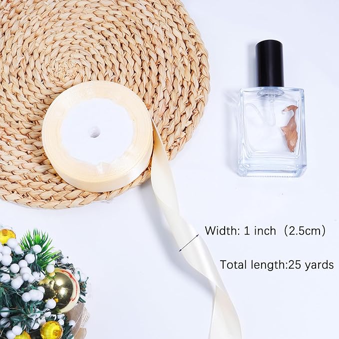 Ivory Ribbon for Gift Wrapping, 1 inch Polyester Satin Hair Ribbons for Flower Bouquet, Weeding Decoration, Baby Shower, Crafts Bows Fabric Christmas Ribbon 25 Yards