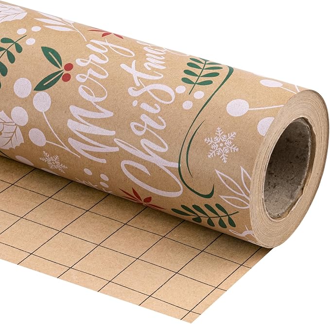 WRAPAHOLIC Kraft Christmas Wrapping Paper - Mini Roll - 17 Inch x 33 Feet - Merry Christmas Wrapping Paper with Leaves Design for Holiday, Party Celebration