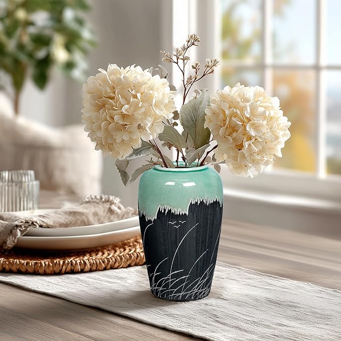 Black and Green Vase, 8 Inch Green Ceramic Vase with Textured Crackle Glaze, Modern Farmhouse Vases for Home Decor, Rustic Centerpiece for Living Room, Bathroom
