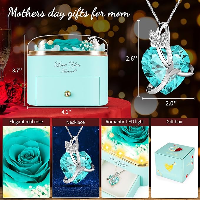 Blue Preserved Real Rose with Necklace Jewelry Box -Eternal Flowers Rose Gifts for Grandma Wife Girlfriend on Valentines Mothers Day Christmas Birthday Anniversary Romantic Gifts for Her