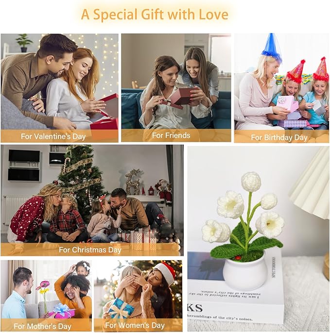 Lily of The Valley Lamp, Crochet Artificial Flower with 5 Little Night Lights, Cute Gifts for Women Wife Girlfriend Birthday Christmas Valentine Mother's Day -Small