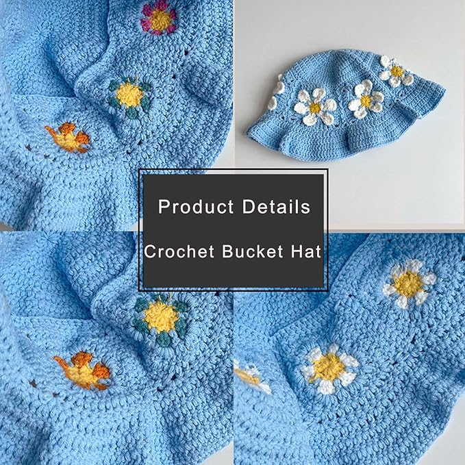 Crochet Bucket Hat for Women Flower Knit Hat Hollow Out Foldable Cap Hats