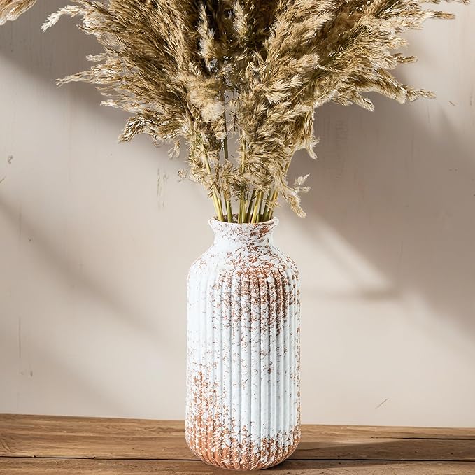 Ceramic Flower Vase Home Décor, 9.25 Inch Rustic Farmhouse Vase, Ribbed Vintage Vase, Pottery Decorative Vases for Living Room, Entryway Table, Shelf, Kitchen Island, Coffee Table(Mottled-Brown)