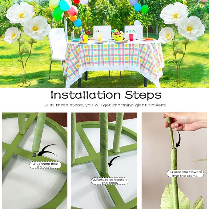 3Pcs Artificial Paper Flower Decoration, Large Fake Flowers with Standing Stems and Base, 3D Lifelike Giant Flower Home Decor, Wedding Background Decorate, Photography Props, Banquet (White)