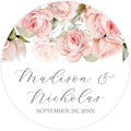 Personalized Floral Wedding Stickers with Your Choice of 30 Flower Styles - Choose Font and One of Five Pre-made Phrases or Add Custom Text (015 - Pink Flowers Roses)
