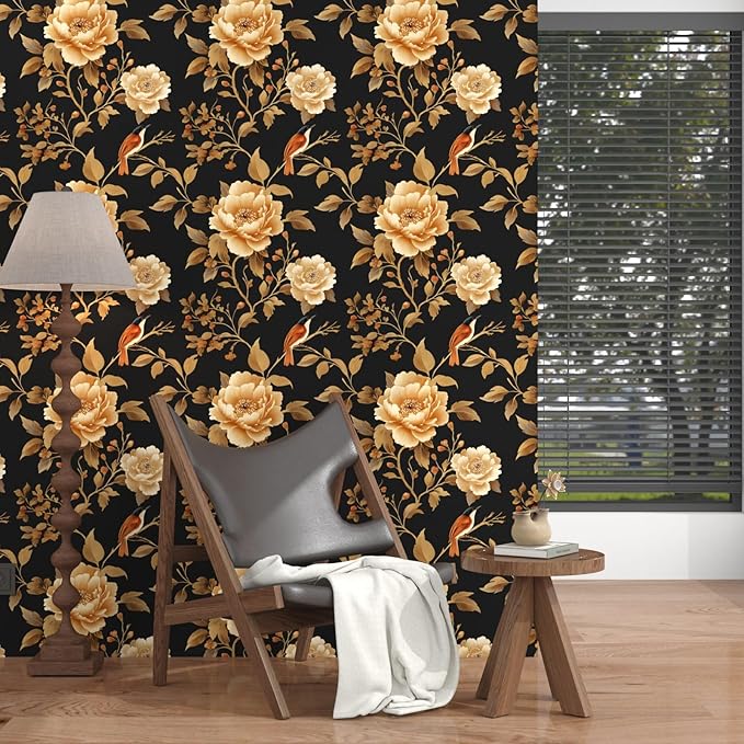 Vintage Floral Bird Wallpaper Peel and Stick Boho Wallpaper 17.5in x118in Black/Golden Floral Wall Mural Waterproof Self-Adhesive Modern Wall Paper for Bedroom Kitchen Cabinet Drawer Decor