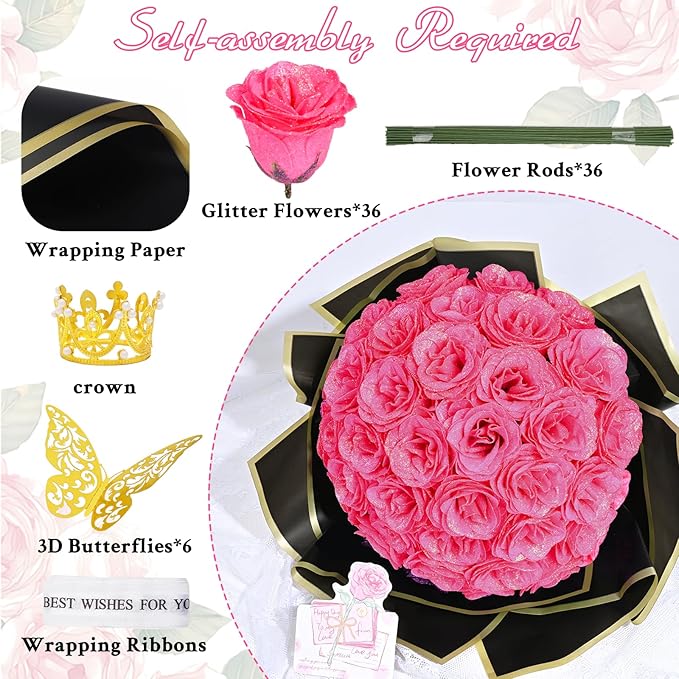 Waipfaru Glitter Roses Bouquet, DIY Fake Flowers Bouquet, Hot Pink Artificial Flower, Valentines, Anniversary, Engagement, Wedding, 36 Pcs