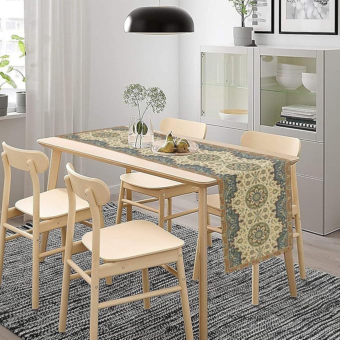 Boho Bohemian Table Tunner, Vintage Neutral Traditional Mandala Floral Blue Beige Medallion Table Runner for Kitchen Dining Outdoor Indoor Home Decor, 13x108 Inch
