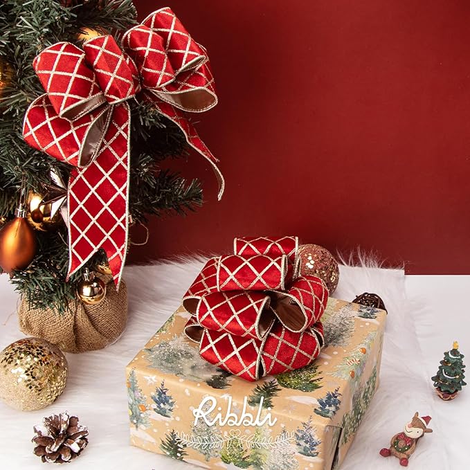 Ribbli Red Velvet Ribbon Wired with Glitter Diamond Grid 2-1/2 Inch Christmas Ribbon for Christmas Tree Decoration Big Bow Gift Wrapping Crafts Wreaths Garland Supplies - 10 Yards