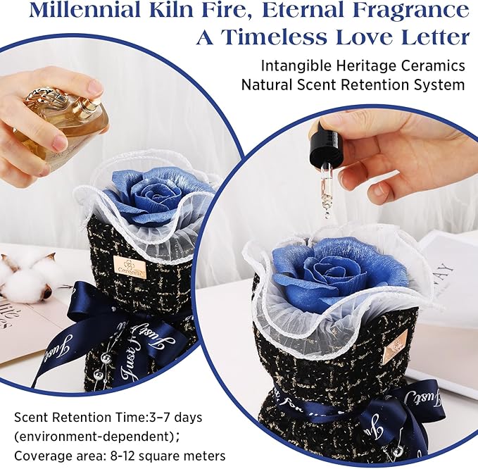 Ceramic Preserved Rose Bouquet, Blue Eternal Flower Handmade Ceramic Craft Art with Fragrance Expansion Function, Birthday/Anniversary/Valentine's Day Luxury Gift Box for Women, Mom, Wife,Her