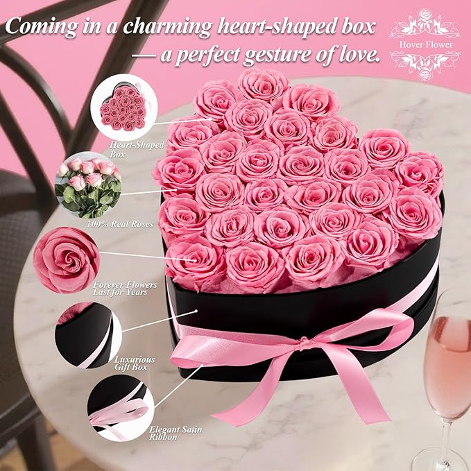 27 Forver Preserved Flowers in a Heart Box, Flowers for Her,Eternal Roses Flowers for Delivery Prime, Flowers Birthday Gifts for Women Mom Grandma Wife - Pink