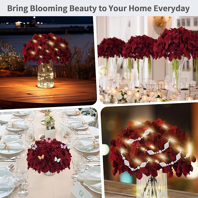 64PCS Artificial Hydrangea Flowers with Stems, Silk Hydrangea Heads with LED Decorative Lights, Crystal Strings & Butterfly Accents for Wedding Centerpieces and Home Decor(64, Burgundy)