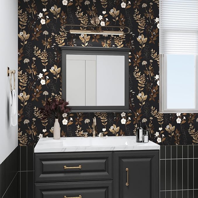 Black Wallpaper Peel and Stick Gold Leaf Contact Paper Black Gold Wallpaper 17.4" x 394" Waterproof Self-Adhesive Wall Covering for Bedroom Countertop Desk Cabinets Decor
