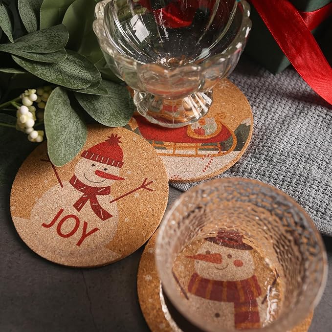 HANSGO 12PCS Christmas Cork Coasters, Cork Cup Mat Xmas Wooden Coasters for Drinks Xmas Party Home Kitchen Table
