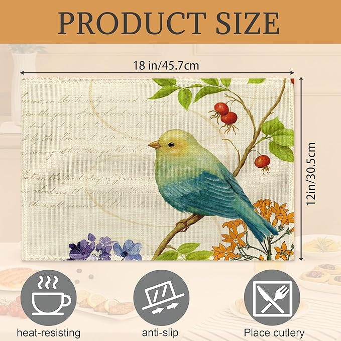 Bird Placemats Set of 6,Washable Heat Resistant Table Mats Vintage Place Mats for Kitchen Dining, Cozy Fall Winter Decor, Bird Floral Pattern