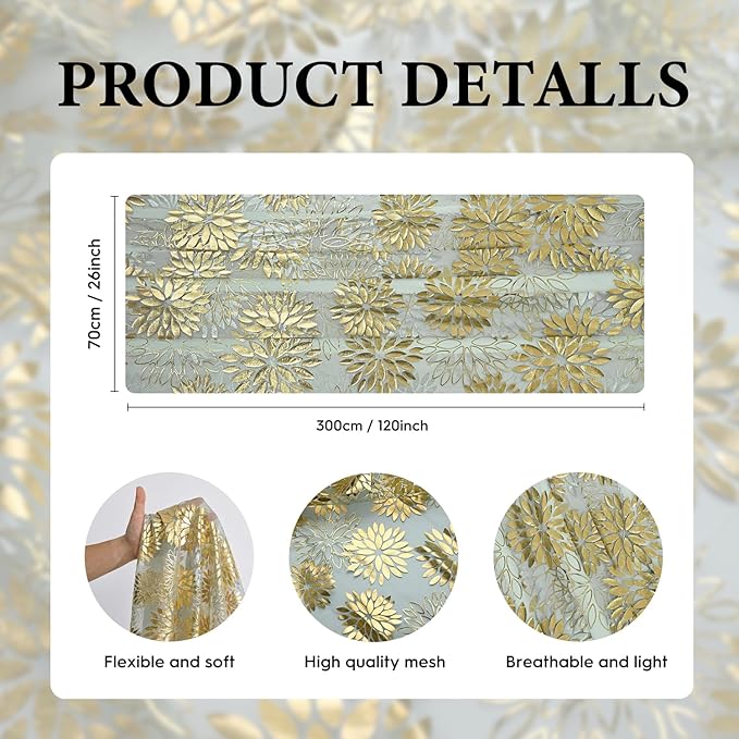Artoid Mode Sage Green Gold Dahlia Flower Gauze Table Runner 120 Inch 10FT, Glitter Metallic Foil Sheer Cheesecloth Dining Holiday Table Decor for Home Party