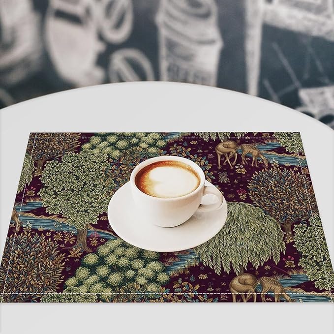 William Morris Flower Placemats Set of 4, Vintage Boho Floral Tree Plant Deers Woodland Animals Place Mats, Heat Resistant Non Slip Cotton Linen Dining Table Mats for Home Kitchen Party 18x12 Inch 1PC