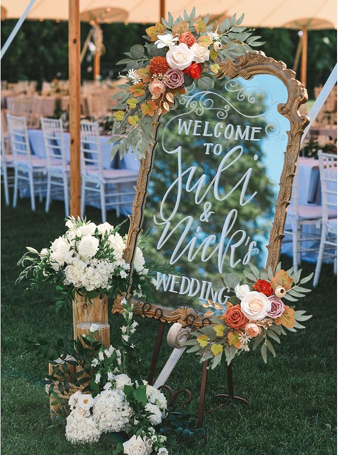 Faux Flower Swag Set of 2, Orange Artificial Flowers Swags for Wedding Arch, Wedding Welcome Signs, Welcome Reception Ceremony Signs Decorations