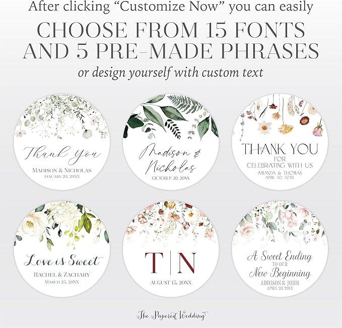 Personalized Floral Wedding Stickers with Your Choice of 30 Flower Styles - Choose Font and One of Five Pre-made Phrases or Add Custom Text (005 - Succulents)
