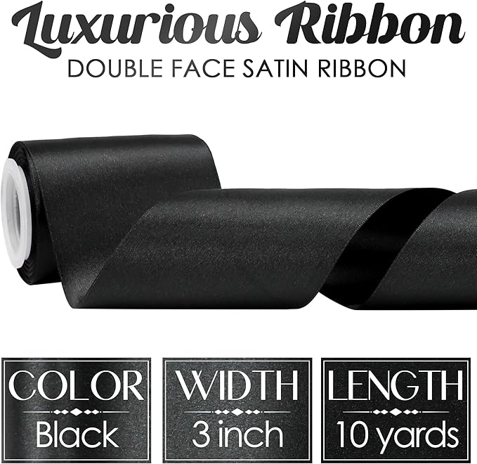 MEEDEE Black Satin 3 Inch Ribbon Lux Double Faced Extra Wide Ribbon Black Christmas Tree Ribbons by 10 Yards Silk Ribbons for Halloween Wreaths Bow, Satin Weddings Decor